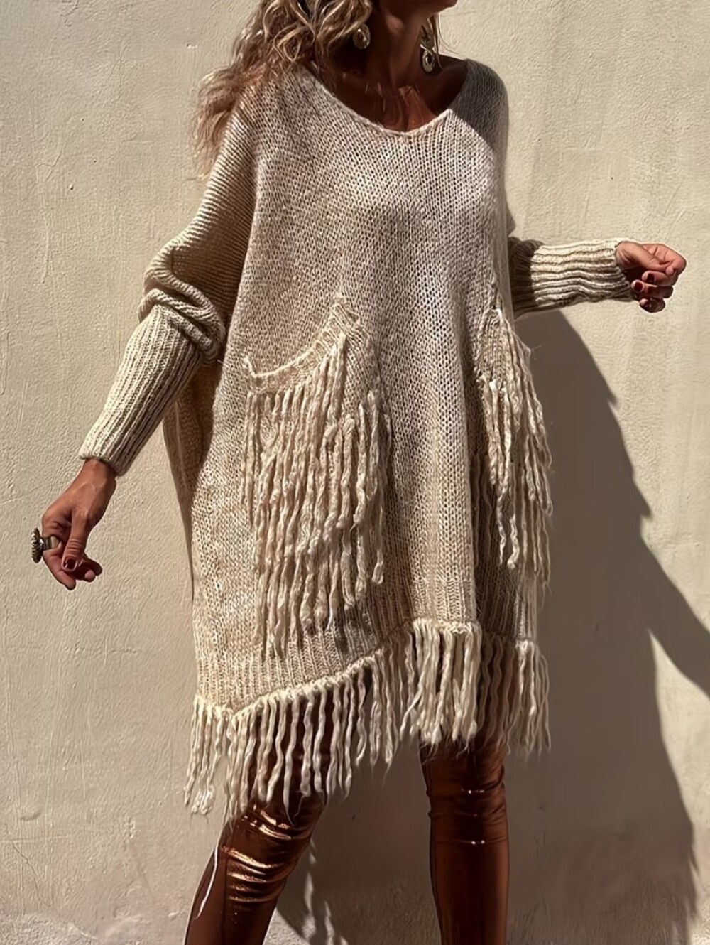 Bohemian Cozy Fringe Knit Sweater In Cream
